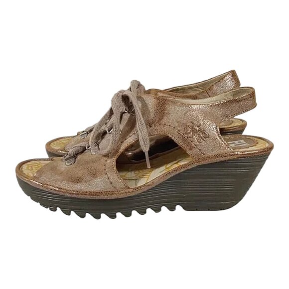 Fly London Yifa Leather Lace-up Wedge Sandals Metallic Taupe Good Cond - 39 - Picture 2 of 10